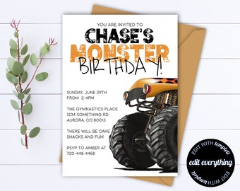 Monster Truck Invitation Monster Truck Birthday Invitation Truck Birthday Party Invitation Instant Download Editable File Monster Birthday