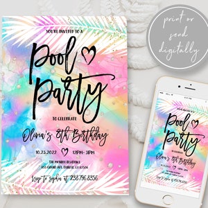 Editable Pool Party Invitation Template Pastel Rainbow Pool Birthday Party Instant Download Tie dye Summer Swimming Pool Party Invite BD05 image 2