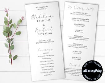 Tea Length Wedding Program Template - Diy Wedding program - Order of Service Wedding Ceremony Program - Tea Length Order of Ceremony Program