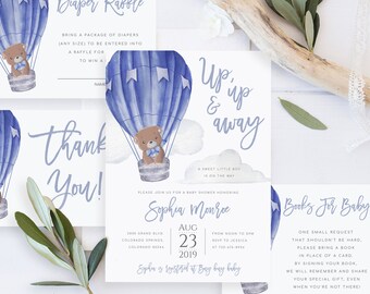 Teddy bear Hot Air Balloon Baby Shower Invitation Template Up Up and Away Hot Air Balloon Invitation Editable Baby Boy Baby Shower Invite