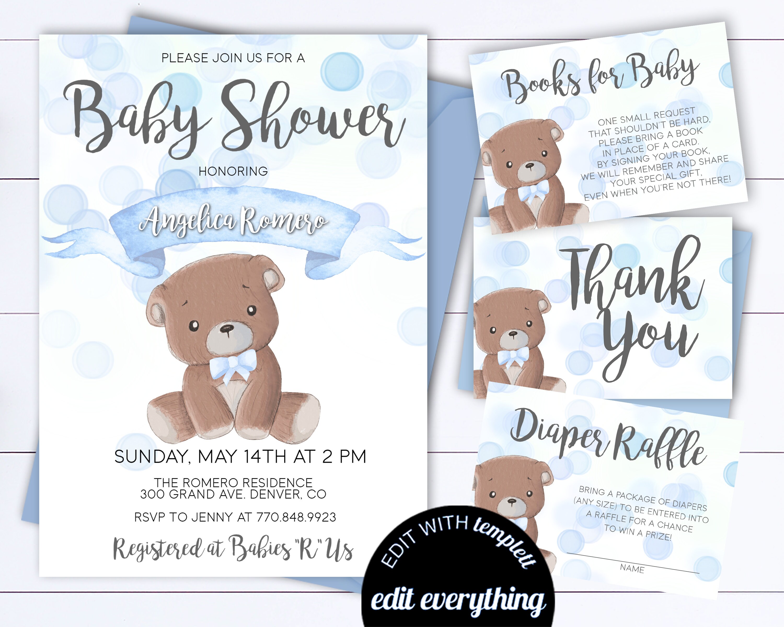 Blue Bear Baby Shower Invitation Bear Baby Shower Invite Etsy