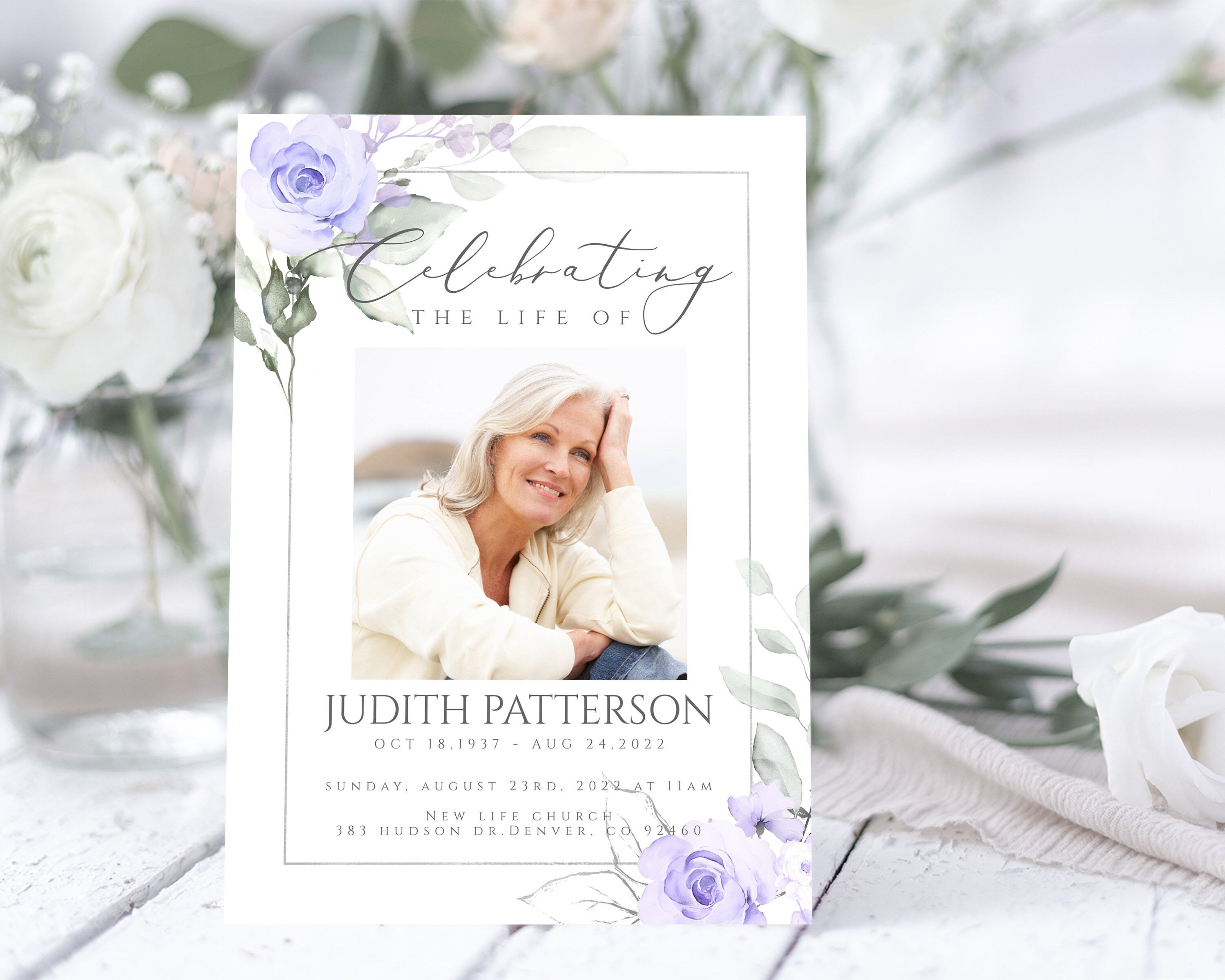 Editable Purple Floral Funeral Invitation Template Celebrating the Life ...