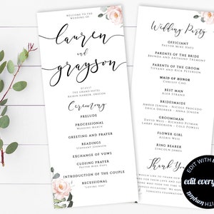 May include: Wedding ceremony programs with floral accents. The programs feature the names "Lauren and Grayson" in elegant script, along with the wedding date and venue. The right program lists the wedding party. The programs are printed on white paper.