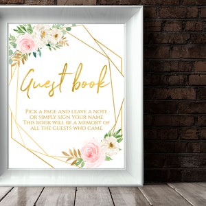 Pink Floral Baby Shower Guestbook Sign Gold Geometric Guestbook Sign Printable Guest Book Sign Instant Download Sign Our Guestbook Printable