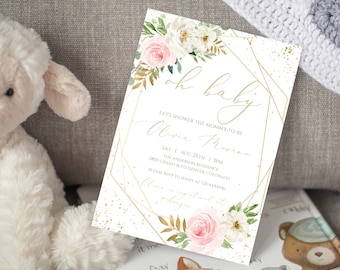 Blush Floral Oh Baby Shower Invitation Template Floral Geometric Baby Shower Invitation Editable Oh Baby Invitation Girl Baby Shower Invite