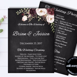 Floral Wedding Program Template - Floral Program - Floral Wedding Programs - Printable Program Template - DIY Program - Floral Chalkboard