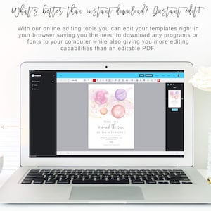 May include: A laptop computer displaying a template for a birthday invitation with a pink, purple, and gold space theme. The text on the invitation reads "first trip around the sun" and "Olivia is turning 3".