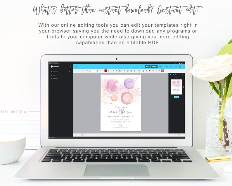May include: A laptop computer displaying a template for a birthday invitation with a pink, purple, and gold space theme. The text on the invitation reads "first trip around the sun" and "Olivia is turning 3".