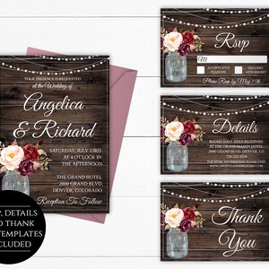 May include: Wedding invitation suite with a rustic theme. The design features a dark wood background, floral arrangements in mason jars, and string lights. Includes RSVP, details, and thank you templates.