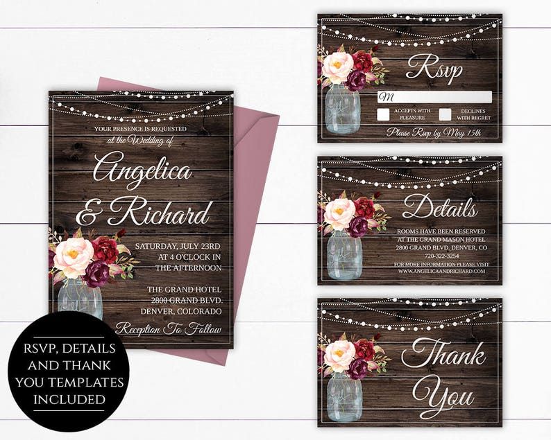 May include: Wedding invitation suite with a rustic theme. The design features a dark wood background, floral arrangements in mason jars, and string lights. Includes RSVP, details, and thank you templates.