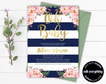Invitación para baby shower con rayas azules y florales rosas. Invitación para baby shower con rayas azules. Invitación para baby shower con rayas azules. Invitación para baby shower con rayas azules.