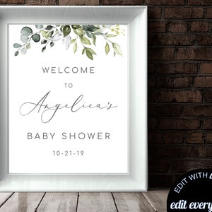 Eucalypyus Baby Shower Welcome Sign Baby Welcome Sign Greenery Baby Shower Welcome Shower Sign Printable Welcome Sign Printable Sign BB05