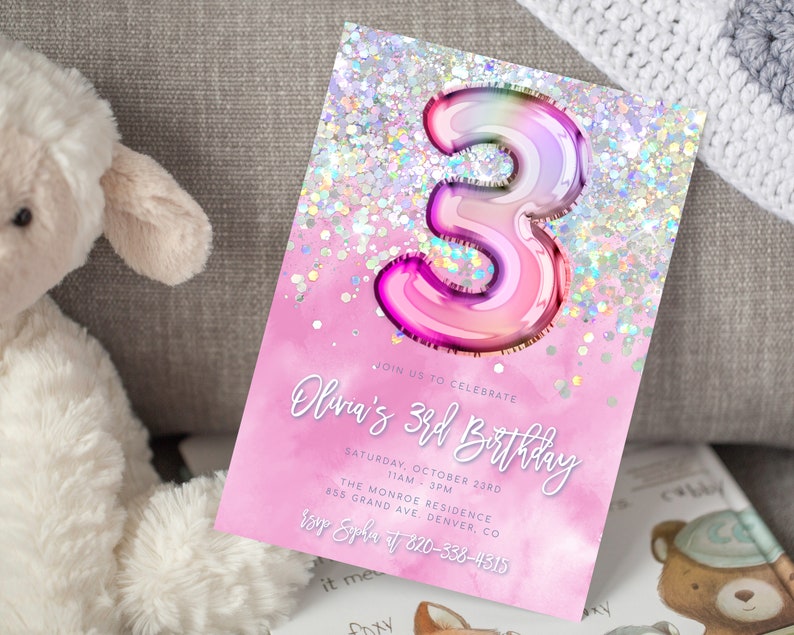 Editable Pink 3rd Birthday Invitation Template Glitter Birthday Party ...