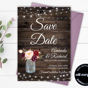 May include: A rustic wedding invitation with the words "Save the Date" in elegant script. The design features a wooden background, string lights, and a floral arrangement in a mason jar. The invitation includes the names Amanda & Richard, and wedding details.