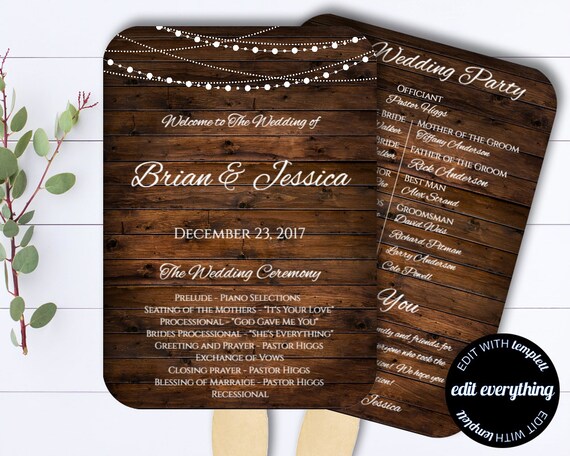 Rustic Country Wedding Program Fan Template Rustic Wedding Etsy