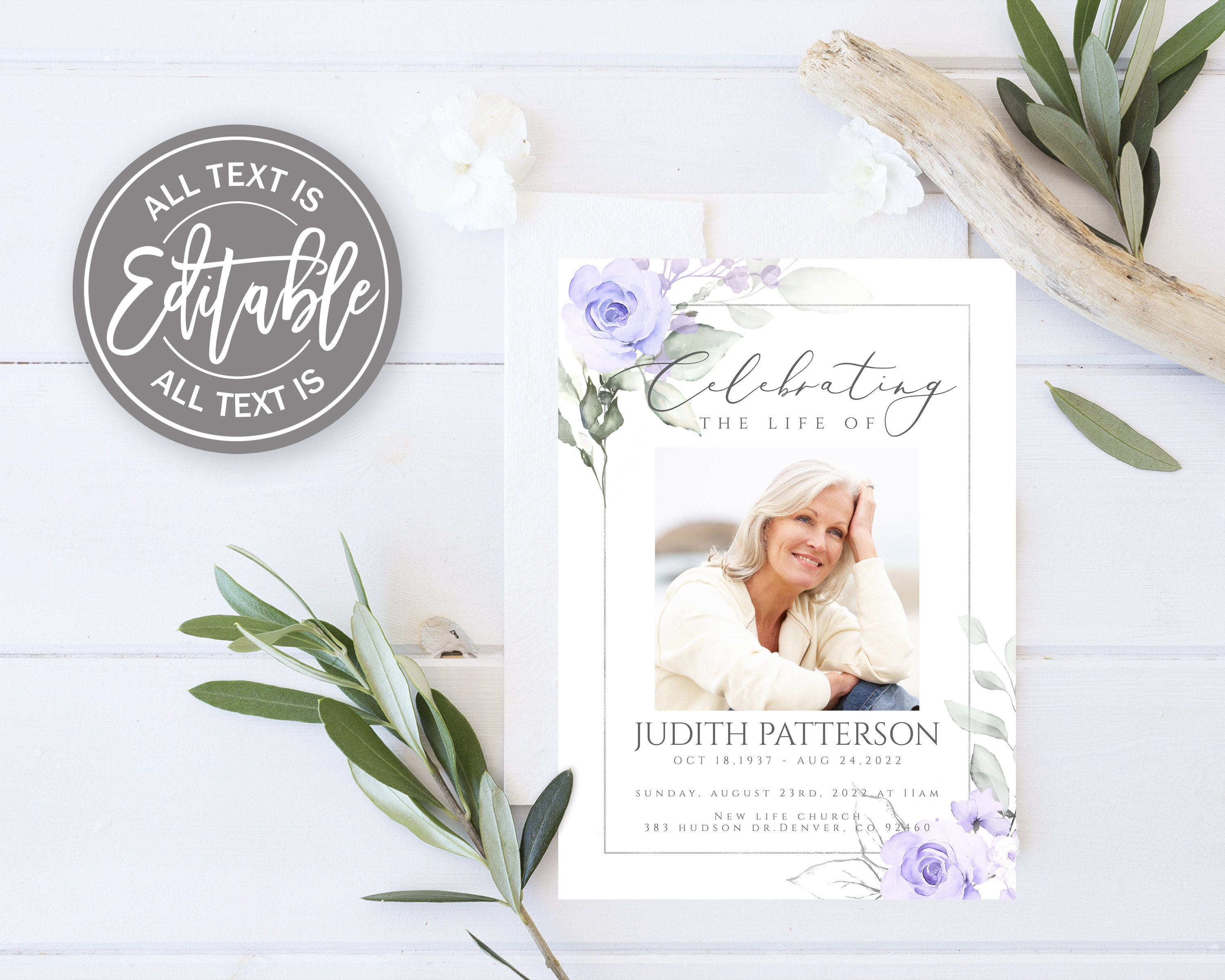 Editable Purple Floral Funeral Invitation Template Celebrating the Life ...