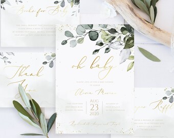Editable Oh Baby Greenery Gold Baby Shower Invitation Template Suite Eucalyptus Baby Shower Gender Neutral Baby Shower Oh Baby Gold Invite