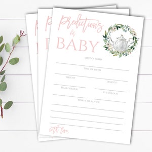 Prédictions florales roses pour les jeux de douche de bébé Tea Baby Predictions Game Floral Baby Prediction Card Téléchargement instantané Prédictions Cartes