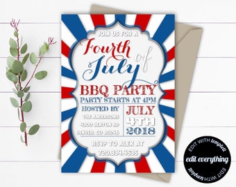 4 juli uitnodiging voor feest 4 juli afdrukbare uitnodiging voor feest 4 juli BBQ-feestuitnodiging 4 juli uitnodigingssjabloon