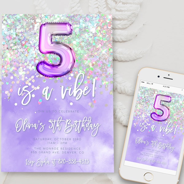 Five is a Vibe 5th Birthday Invitation Confetti Glitter Birthday Invite Foil Pastel Girl Fifth Birthday Instant Download Digital BD22