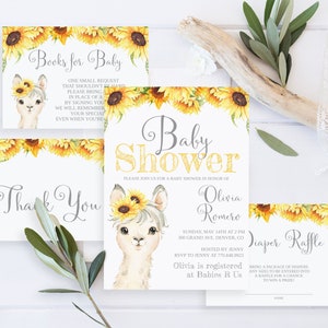 Tournesol Lama Baby Shower Invitation modèle Baby Shower Lama Invite Lama Girl Baby Shower Invitation modifiable de douche de bébé d'alpaga