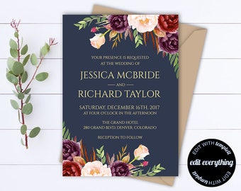 Navy Blue Floral Wedding Invitation Template Wedding Invitations Printable Invitation Suite Floral Invitation Set Floral Invitation