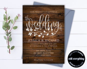 Rustic Wedding Invitation Template - Kraft Wedding Invitation - Instant Download Printable Invitation - Rustic Invitation Wedding Template