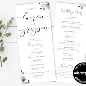 Greenery Tea Length Wedding Program Template Greenery Ceremony Program Instant Download DIY Wedding Programs Eucalyptus Tea Length Printable image 1