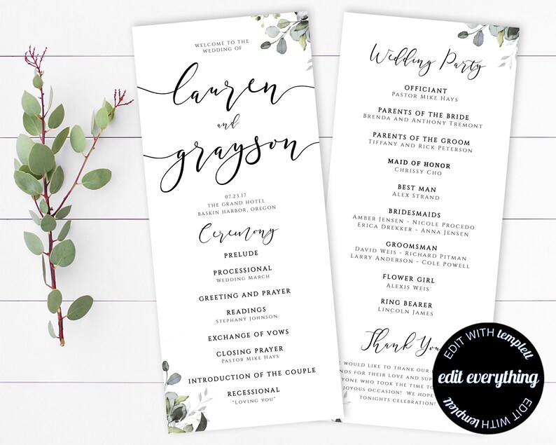 Greenery Tea Length Wedding Program Template Greenery Ceremony Program Instant Download DIY Wedding Programs Eucalyptus Tea Length Printable image 1