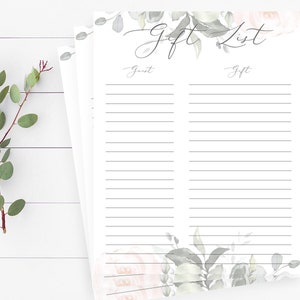 Blush Floral Printable Gift List Template Bridal Shower Gift List Printable  Floral Baby Shower Gift List Instant Download Wedding Gift List