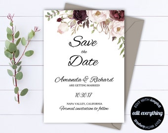 Floral Save the Date Wedding Template - Floral Wedding Save the Date - Rustic Save the Date Invite - Printable Save Date - Save Our Date