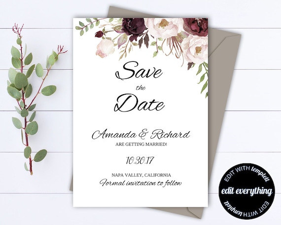 Floral Save the Date Wedding Template Floral Wedding Save the Date Rustic  Save the Date Invite Printable Save Date Save Our Date -  Israel