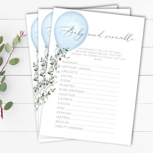 Balloon and Greenery Baby Word Scramble Baby Shower Games Eucalyptus Baby Word Scramble Game Word Scramble Card Instant Download BB01
