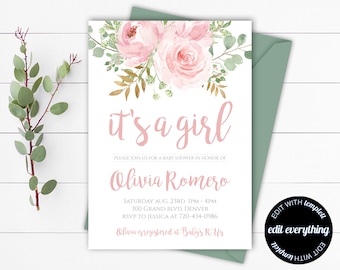 Pink Floral Its a girl Baby Shower Invitation Template Pink Floral Watercolor Baby Shower Invite Girl Floral Baby Shower Flower Invitation