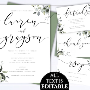 Greenery Wedding Invitation Template Modern Wedding Invitation Suite Simple Invitation Set Printable Eucalyptus Wedding Invitation Template