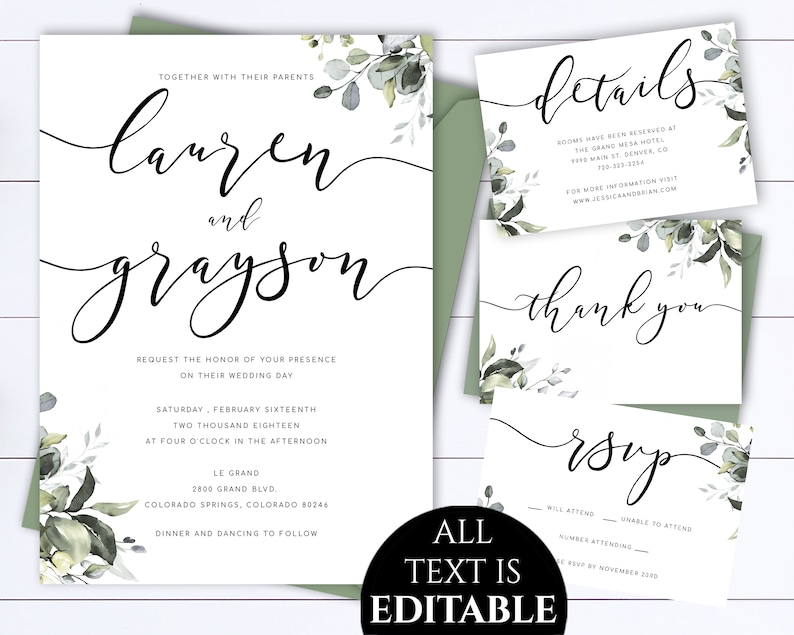 Greenery Wedding Invitation Template Modern Wedding Invitation Suite Simple Invitation Set Printable Eucalyptus Wedding Invitation Template 