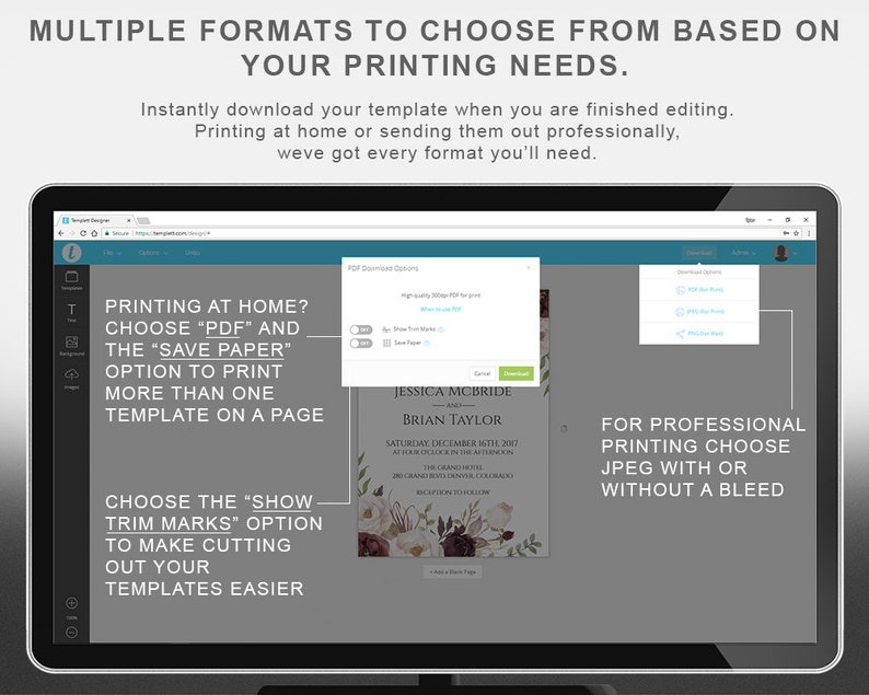 May include: Screenshot of a computer screen displaying a website for designing and printing invitations. The website has a light blue background and a white interface. The user can select from various download options for their invitation, including PDF, JPEG, and PNG. The website also features a section for choosing trim marks, which can be used to make cutting out the invitations easier.