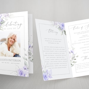 Editable Purple Floral Geometric Funeral Program Template Celebrating the Life of Funeral Program Violet Celebration of Life Funeral FT12