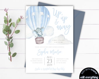 Elephant Hot Air Balloon Baby Shower Invitation Template Up Up and Away Hot Air Balloon Invitation Editable Baby Boy Baby Shower Invite