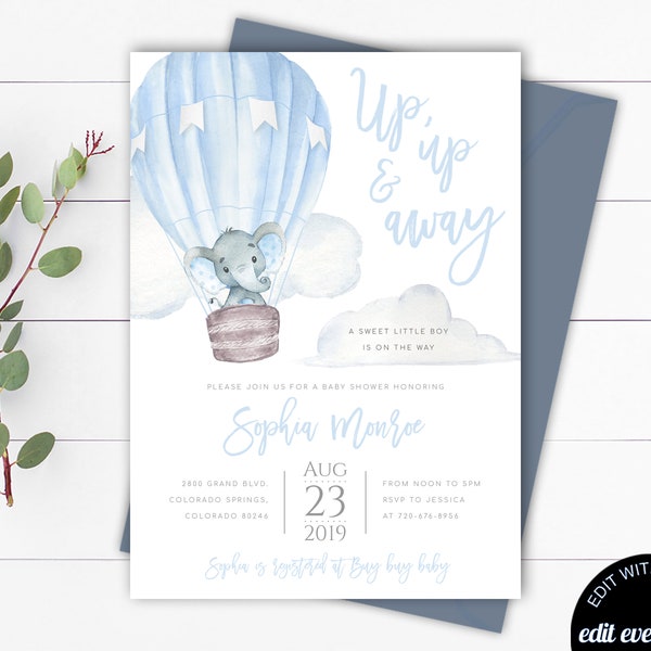 Elephant Hot Air Balloon Baby Shower Invitation Template Up Up and Away Hot Air Balloon Invitation Editable Baby Boy Baby Shower Invite