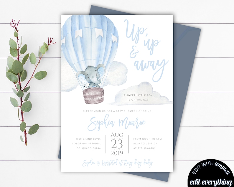 Elephant Hot Air Balloon Baby Shower Invitation Template up up Etsy
