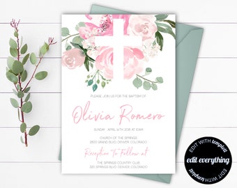 Pink Floral Baptism Invitation Template Girl Baptism Invitation Printable Baptism Invites Christening Invite Baby Girl Baptism Invitation