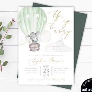 Gender Neutral Hot Air Balloon Baby Shower Invite Up Up and Away Hot Air Balloon Invitation Gender Neutral Elephant Baby Shower Invitation