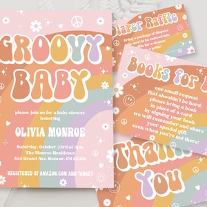 Editable Groovy Baby Shower Invitation Template 70&#39;s Retro Baby Shower Rainbow Instant Download Peace Love Baby Shower Invite BB09