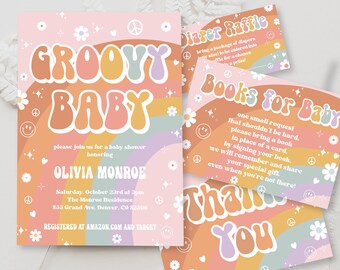 Editable Groovy Baby Shower Invitation Template 70's Retro Baby Shower Rainbow Instant Download Peace Love Baby Shower Invite BB09