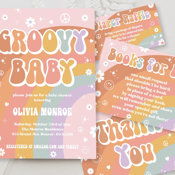 Editable Groovy Baby Shower Invitation Template 70's Retro Baby Shower Rainbow Instant Download Peace Love Baby Shower Invite BB09