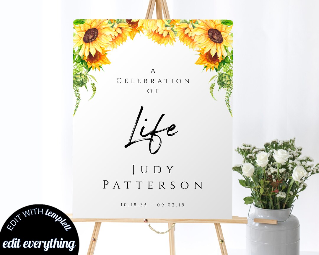 Sunflower Celebration of Life Sign Editable Celebration of Life