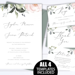 Blush Floral Wedding Invitation Templates Blush Wedding Invitations Blush Printable Wedding Invite Pink Floral Wedding Invitation Template