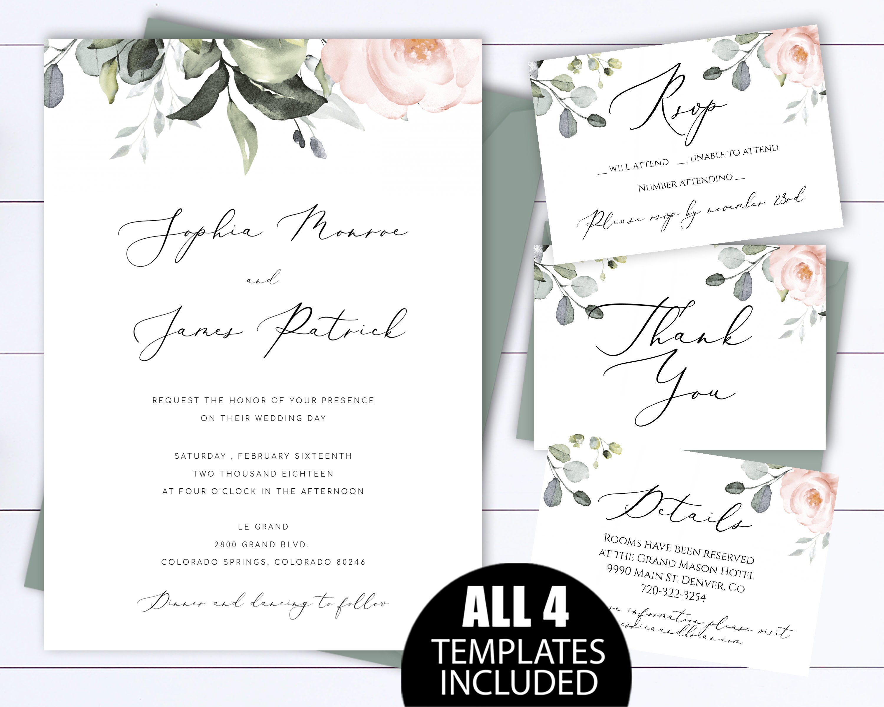 Blush Floral Wedding Invitation Templates Blush Wedding Etsy
