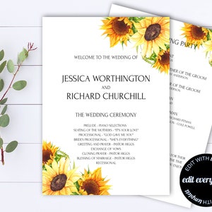 Sunflower Wedding Program Template Sunflower Floral Program Floral Wedding Programs Printable Program Template DIY Program Floral Program